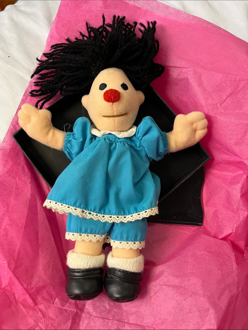 Plush Doll in Blue Outfit with Black Yarn Hair